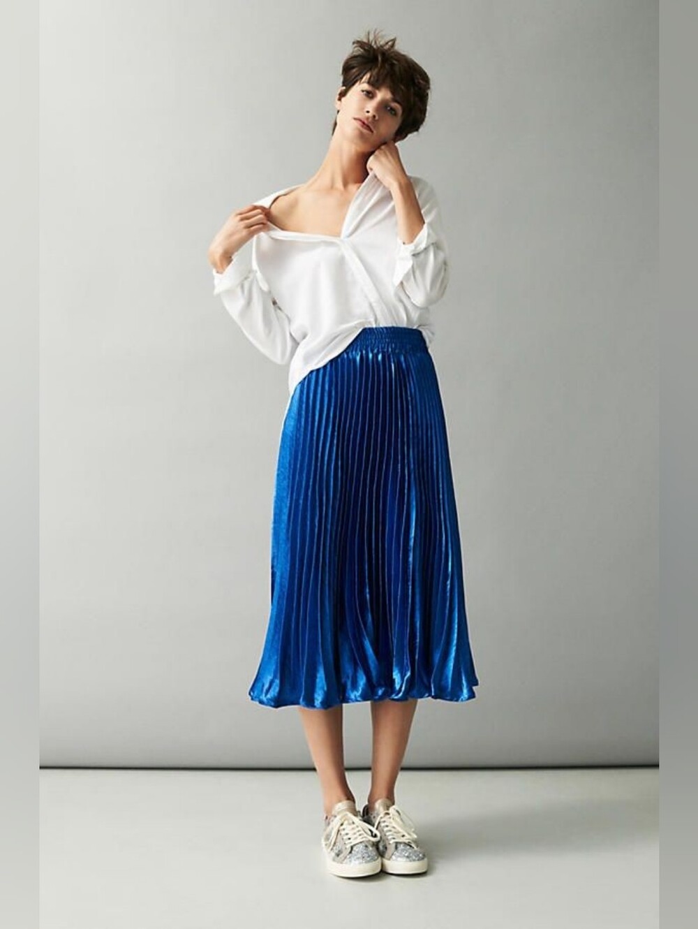 Anthropologie HD in Paris Cobalt Blue Pleated Satin Midi Skirt Size S